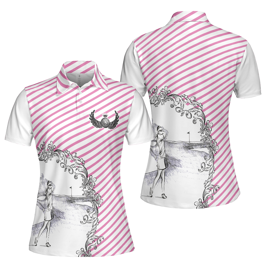 Pink Striped And Sketching Golf Girl Golf Short Sleeve Women Polo Shirt Best Golfing Shirt For Ladies - 1