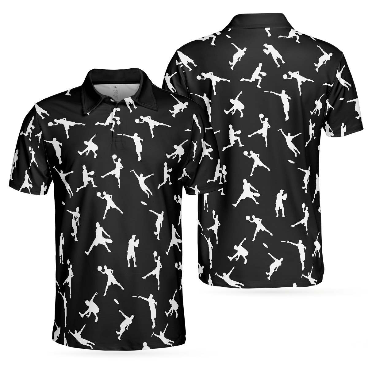 Silhouette Playing Disc Golf Polo Shirt Black And White Disc Golfer Pattern Polo Shirt Disc Golf Shirt For Men - 1