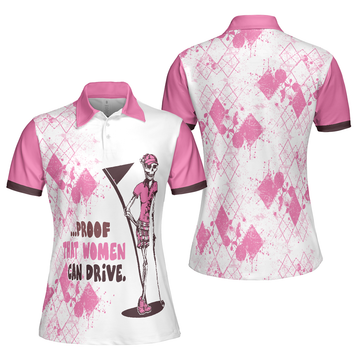 Ladies Mrs Bones Golf Pink Argyle Short Sleeve Women Polo Shirt Proof That Women Can Drive White And Pink Golf Shirt For Ladies - 1