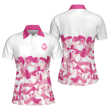 Pink Camouflage Pattern With Women Golfer Short Sleeve Women Polo Shirt White And Pink Camo Golf Shirt For Ladies - 1