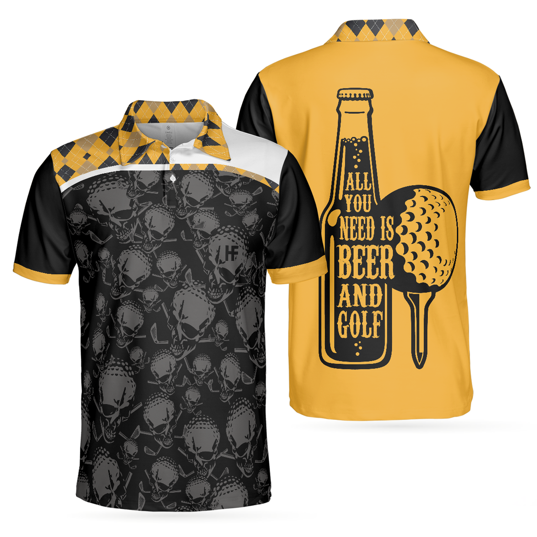 All You Need Is Beer  Golf Polo Shirt Black And Yellow Argyle Pattern Golf Shirt For Men Skull Golf Shirt - 1