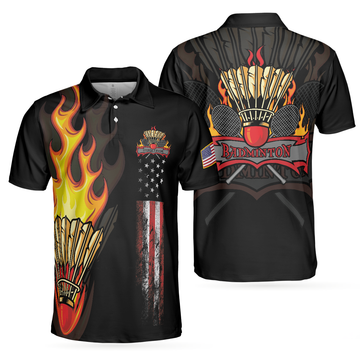 Badminton Flame Short Sleeve Polo Shirt Black Theme American Flag Badminton Polo Shirt Best Badminton Shirt For Men - 1