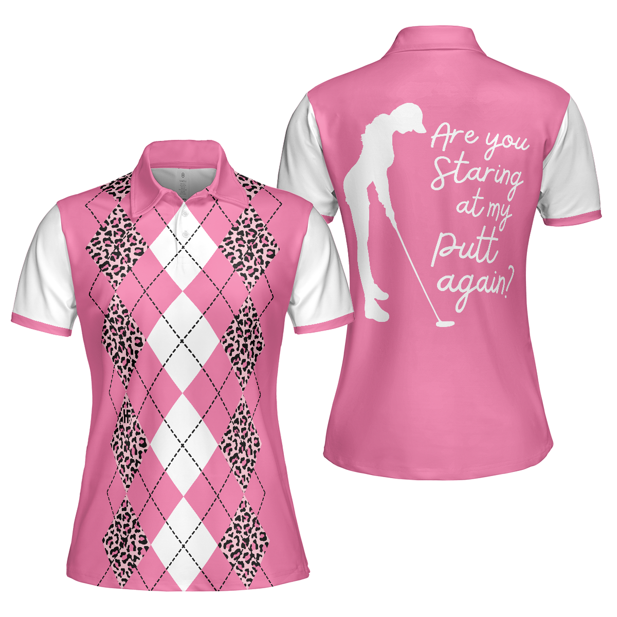 Are You Staring At My Putt Again Golf Short Sleeve Women Polo Shirt White And Pink Argyle Pattern Golf Shirt For Ladies - 1