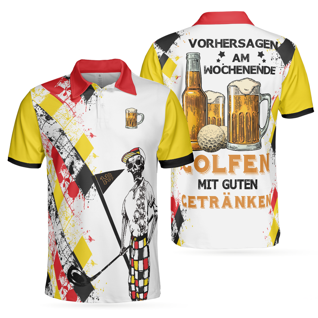 Vorhersagen Am Wochenende Golf Und Bier Polo Shirt German Argyle Pattern Skeleton Golfer Golf Shirt For Men - 1