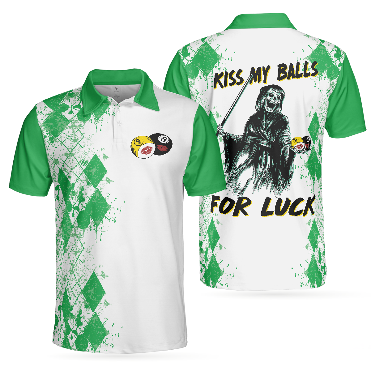 Kiss My Balls Polo Shirt Green Argyle Pattern Billiards Shirt Polo Style Billiards Shirt Gift For Billiard Lovers - 1