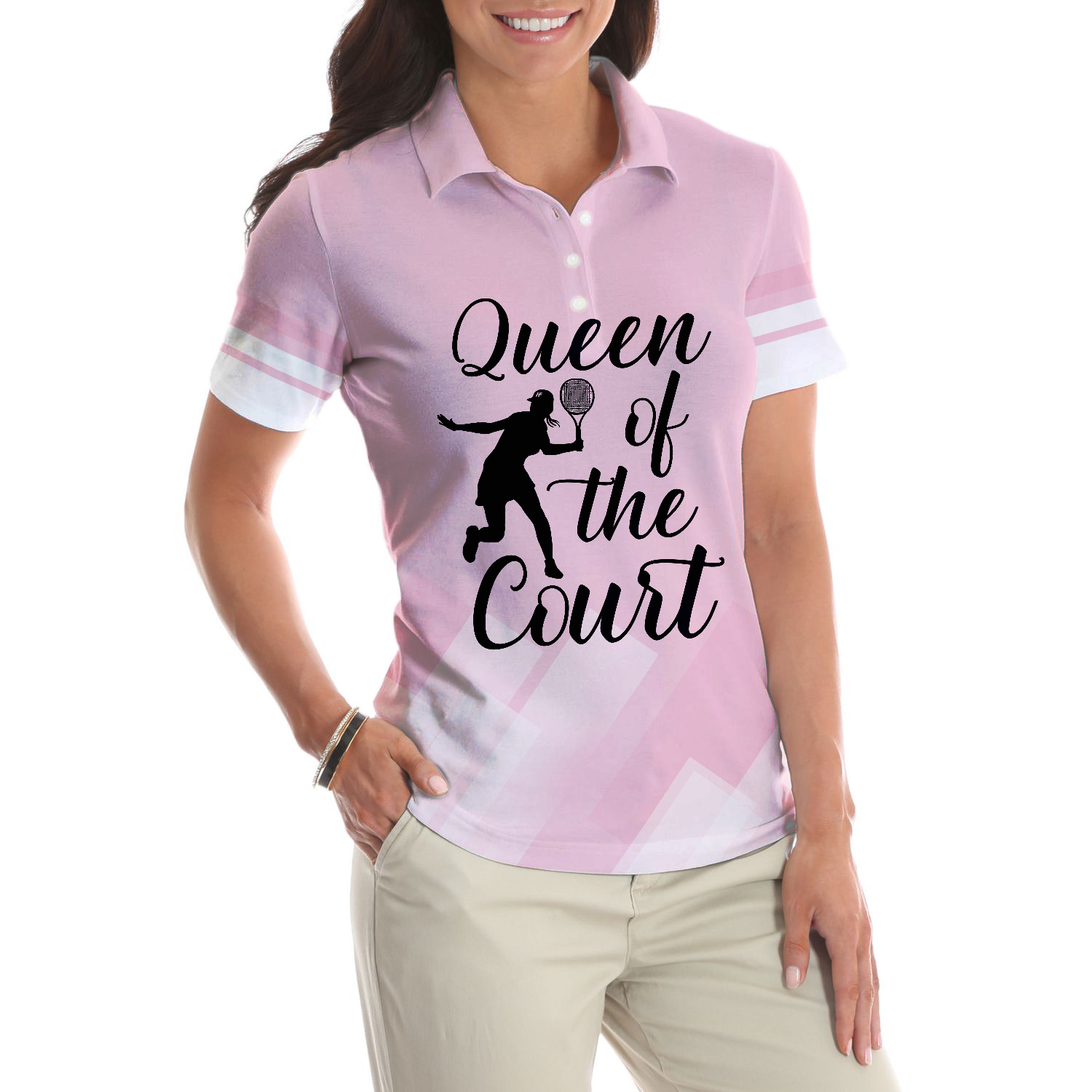 Queen Of The Court Pink Short Sleeve Women Polo Shirt Cool Tennis Shirt For Ladies - 4