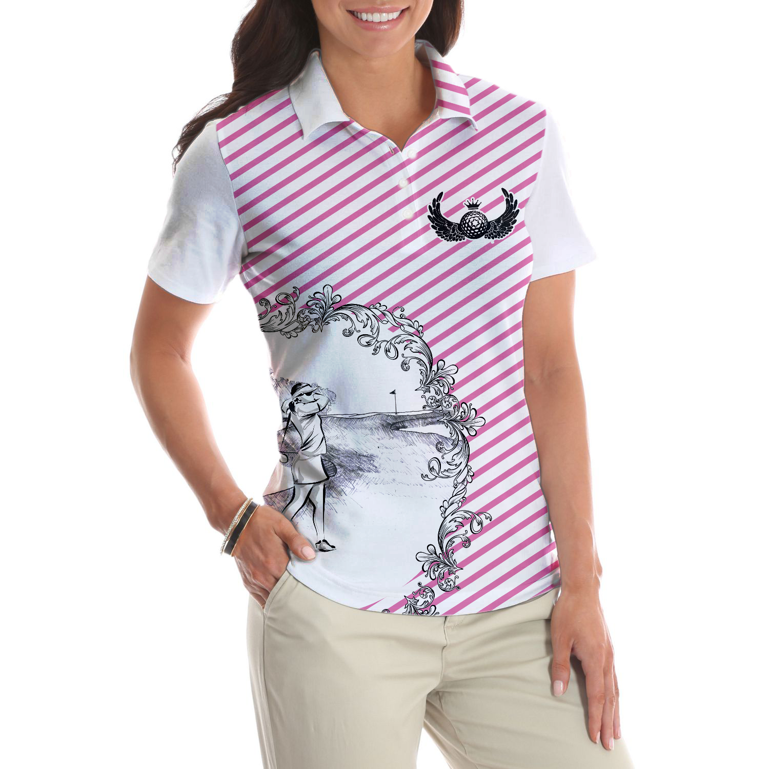 Pink Striped And Sketching Golf Girl Golf Short Sleeve Women Polo Shirt Best Golfing Shirt For Ladies - 4