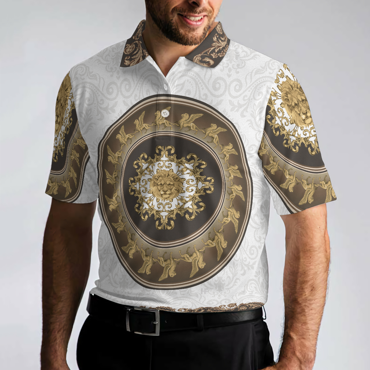 Lion Of Saint Mark Vintage Style Polo Shirt Luxury Golden Baroque Pattern Polo Shirt For Men - 5