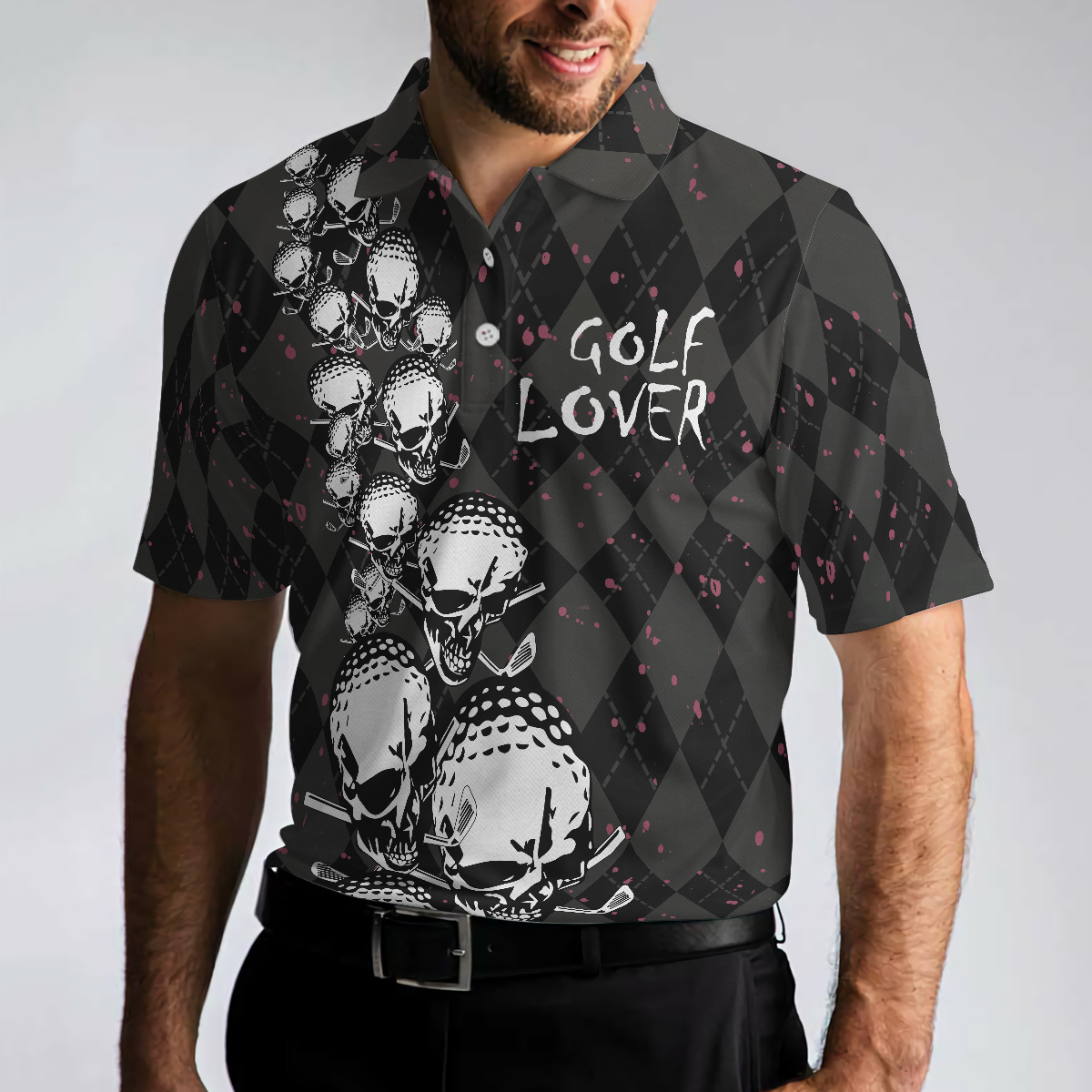 Elegant Argyle Pattern And Skull Golf Lover Polo Shirt V2 Black Skull Golf Shirt For Men - 4