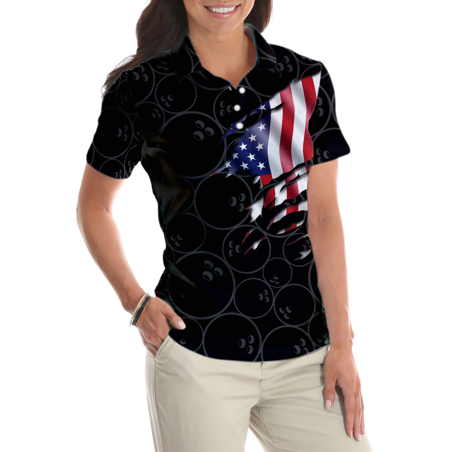 American Flag With Bowling Pattern Short Sleeve Women Polo Shirt - 4