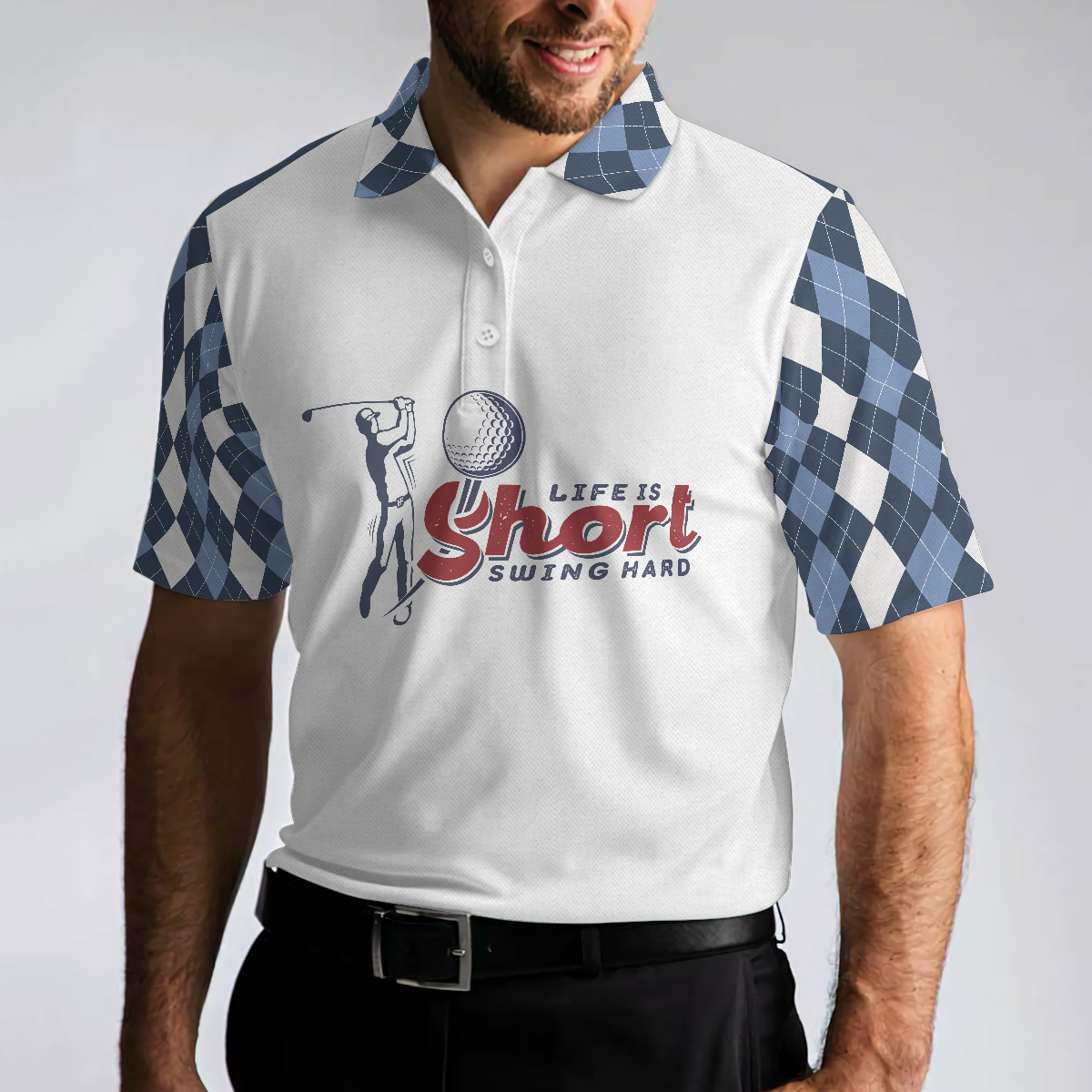 Life Is Short Swing Hard Short Sleeve Polo Shirt Argyle Pattern Polo Shirt Best Golf Shirt For Men - 4