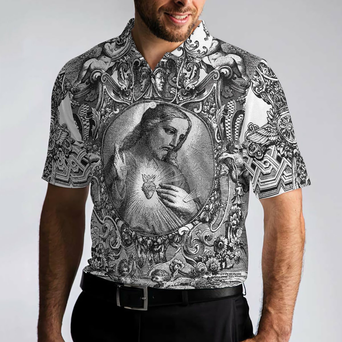 Jesus Christ Vintage Sketch Art Christian Polo Shirt Black And White Christian Shirt For Men - 5