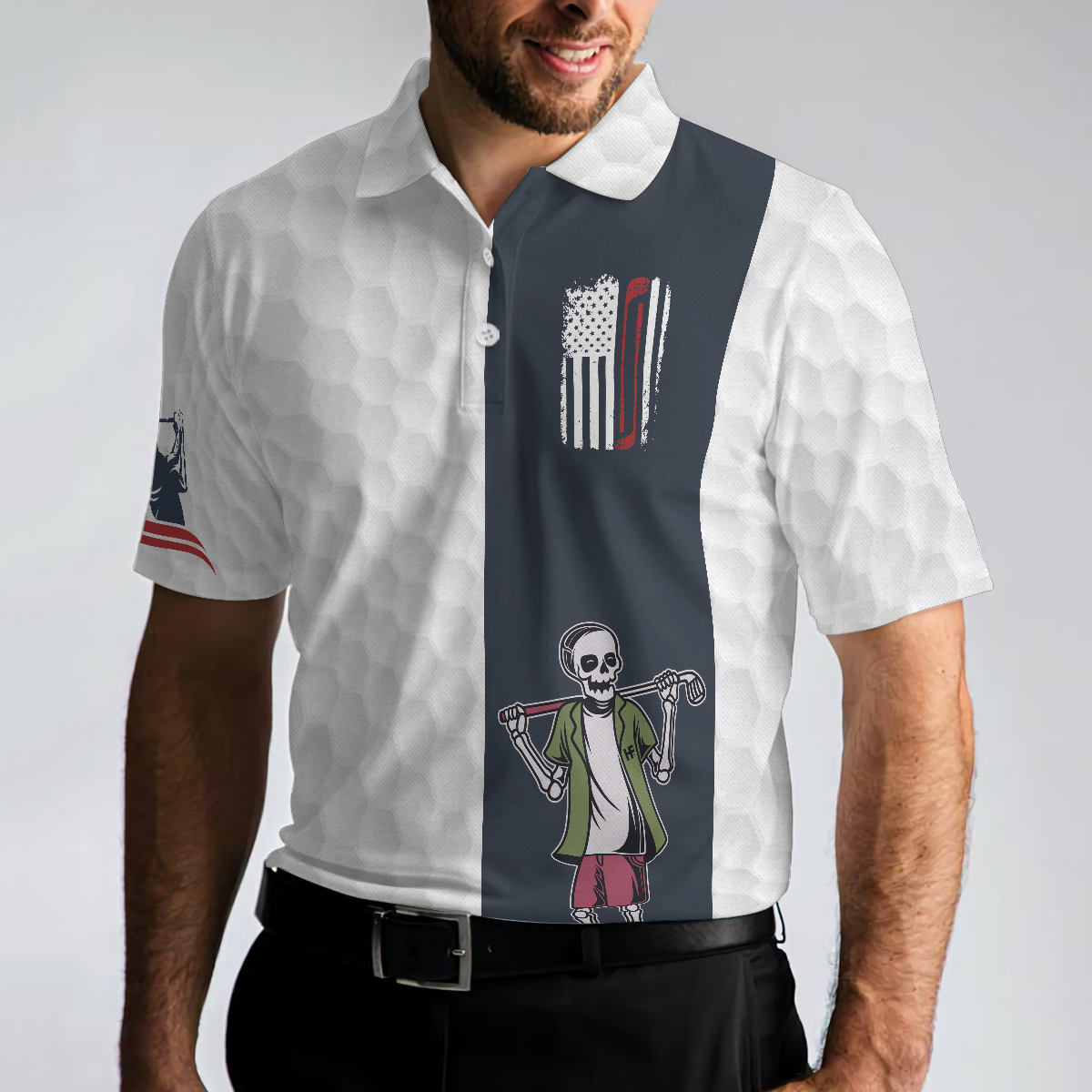 Youngster Skeleton Golf Lover American Flag Polo Shirt White American Flag Golf Shirt For Men - 5