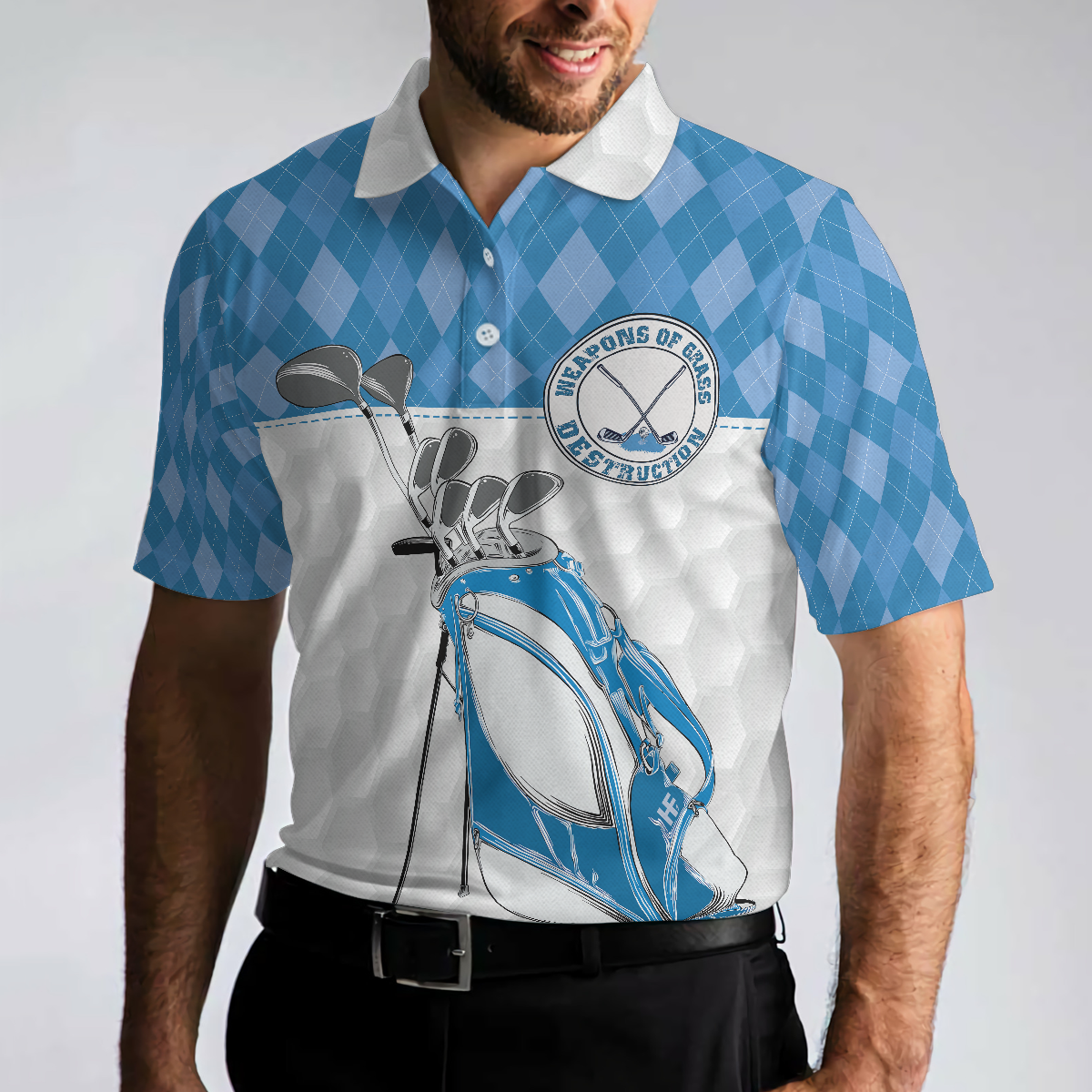 Weapons Of Grass Destruction Short Sleeve Polo Shirt Golf Texture Blue Argyle Pattern Polo Shirt Best Golf Shirt For Men - 4