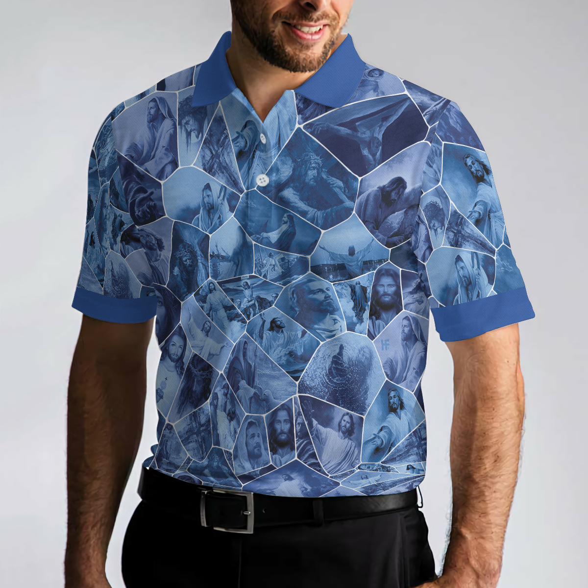 Holy Blue Stained Glass Polo Shirt Blue Jesus Gallery Polo Shirt Best Christian Shirt For Men - 5