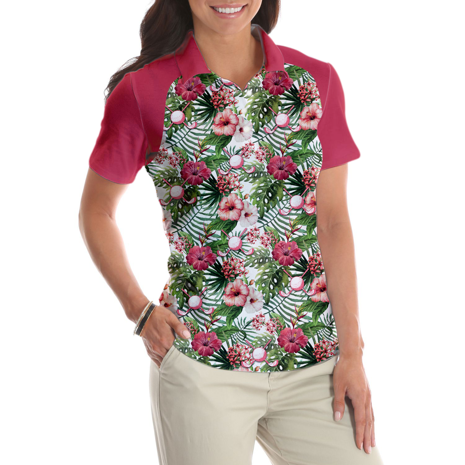 Golf Ball On Tropical Flowers Background Short Sleeve Women Polo Shirt - 5