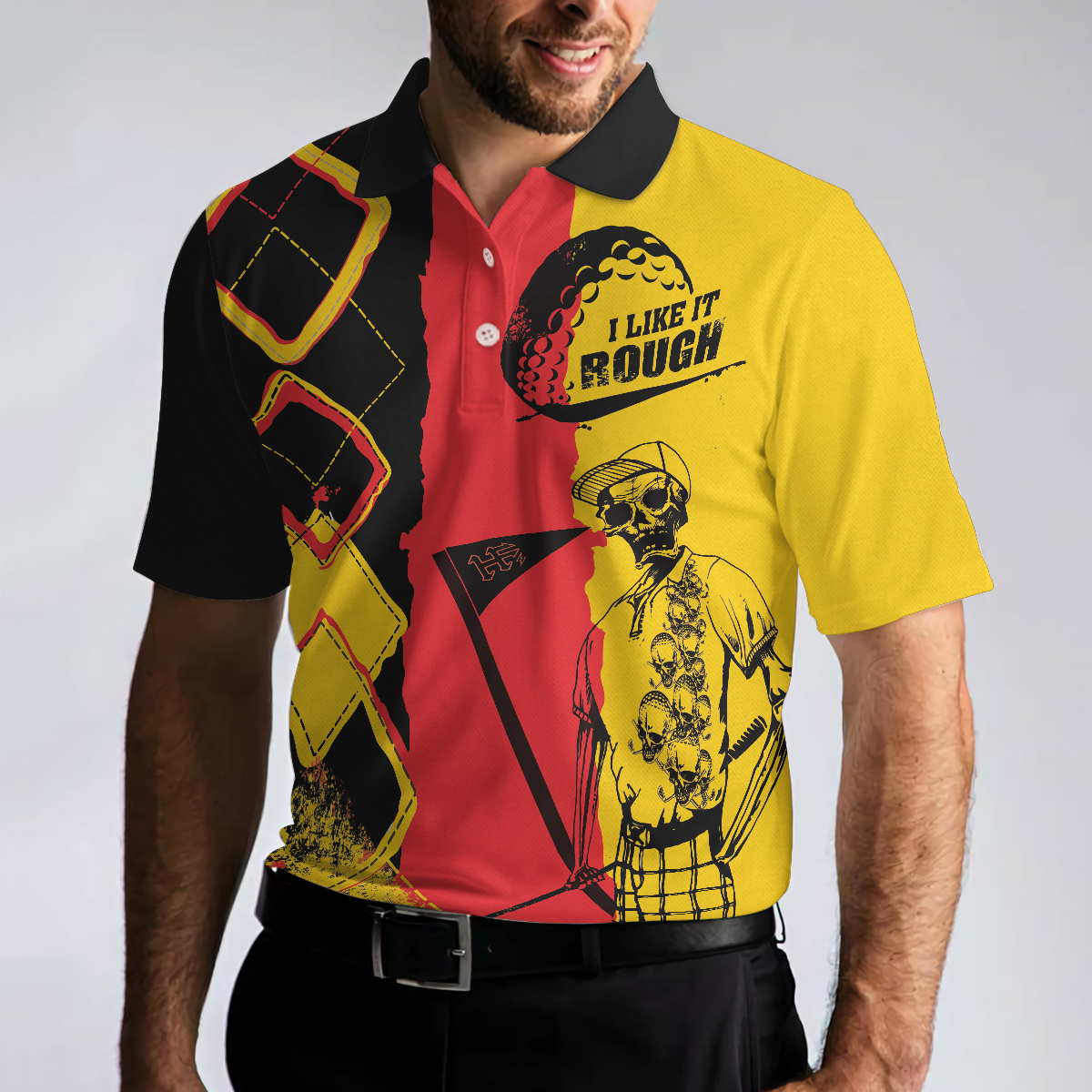 Golf I Like It Rough German Flag Polo Shirt Argyle Pattern Skeleton Golfing Polo Shirt Funny Golf Shirt For Men - 4