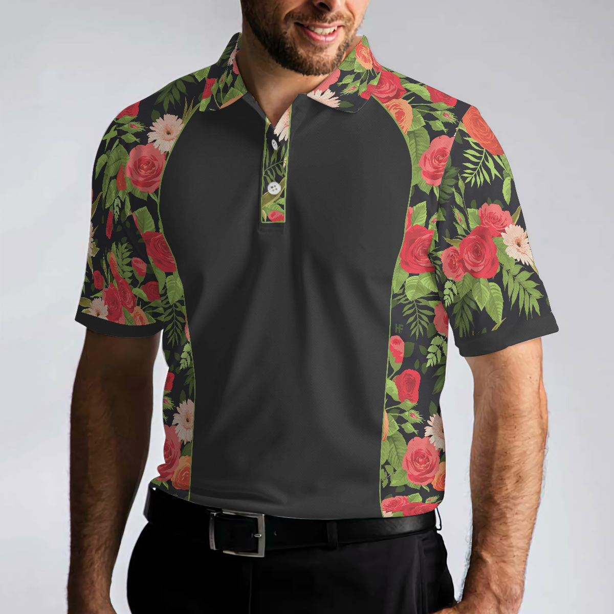 Tropical Roses Pattern Polo Shirt Black Polo Shirt With Roses Print Roses Pattern Shirt For Adults - 4