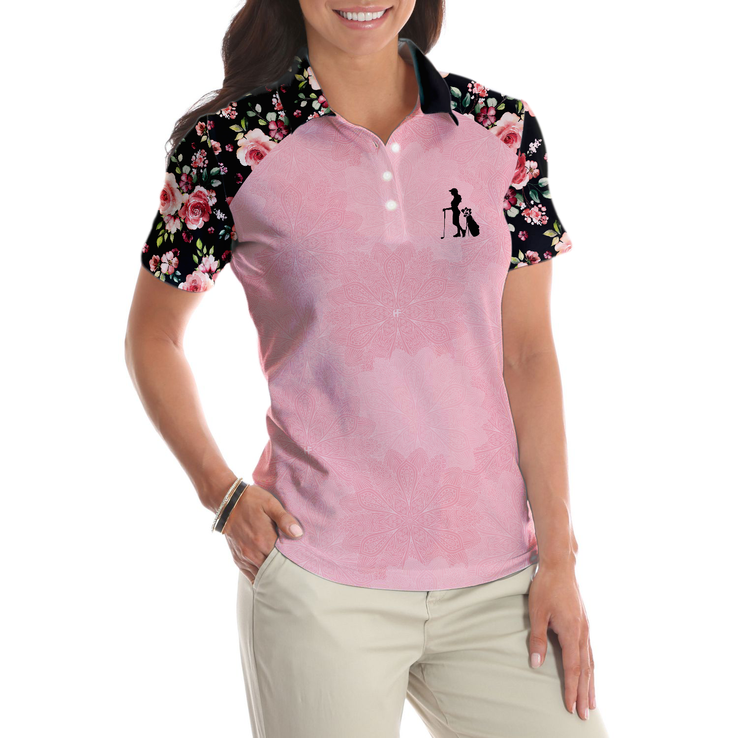 I Know I Play Like A Girl Try To Keep Up Elegant Flower Pattern Golf Short Sleeve Women Polo Shirt - 5