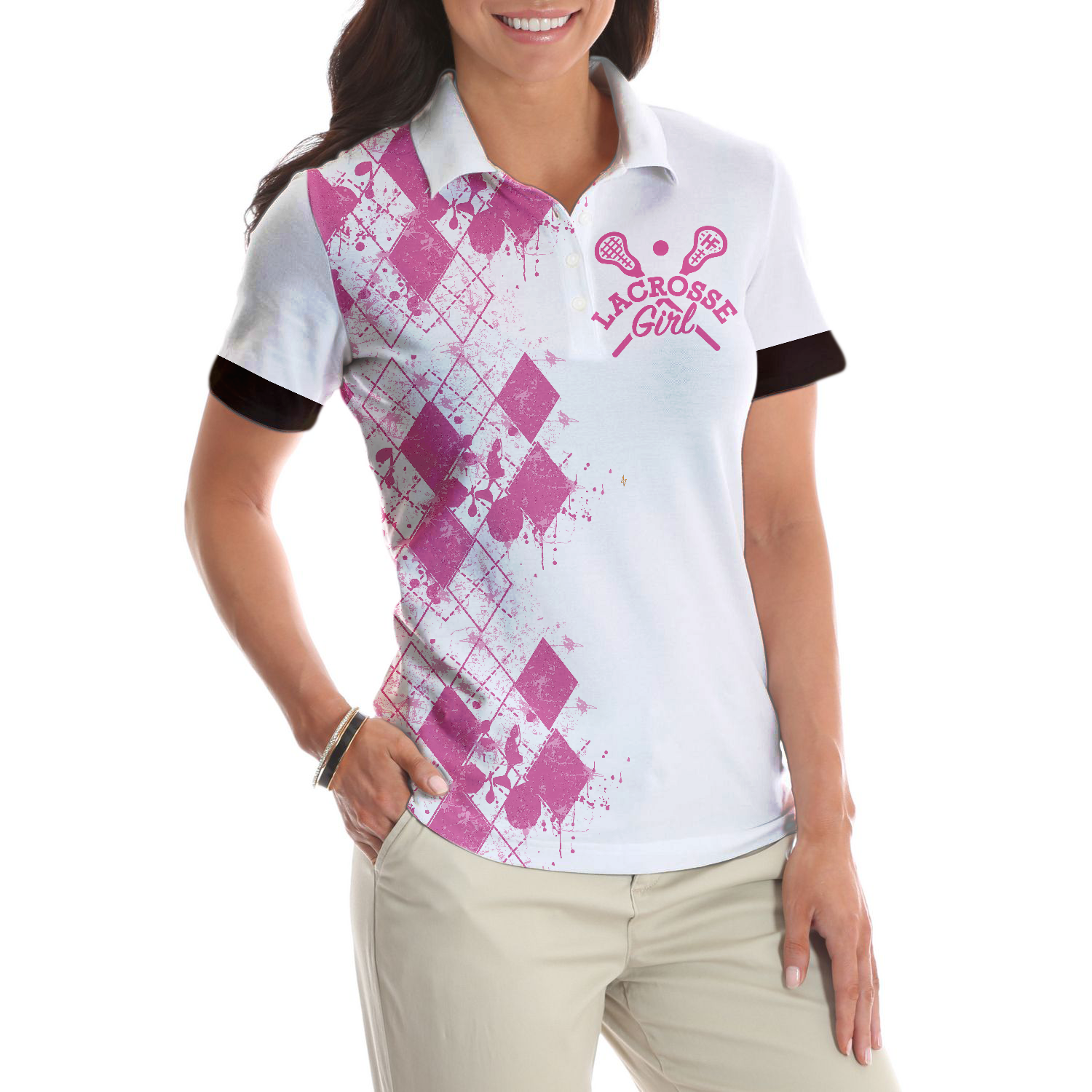 I Beat People With A Stick Lacrosse Short Sleeve Women Polo Shirt White And Pink Lacrosse Shirt For Ladies - 4