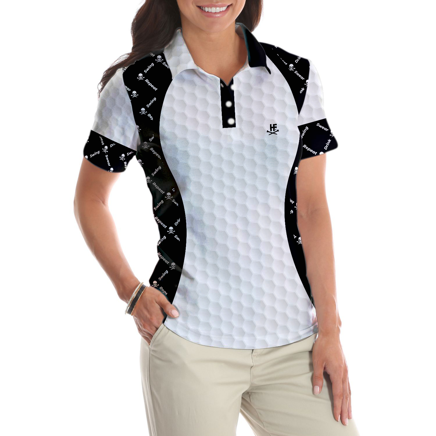 Swing Swear And Repeat With Skull Argyle Pattern Golf Short Sleeve Women Polo Shirt Basic Ladies Golfing Shirt - 5