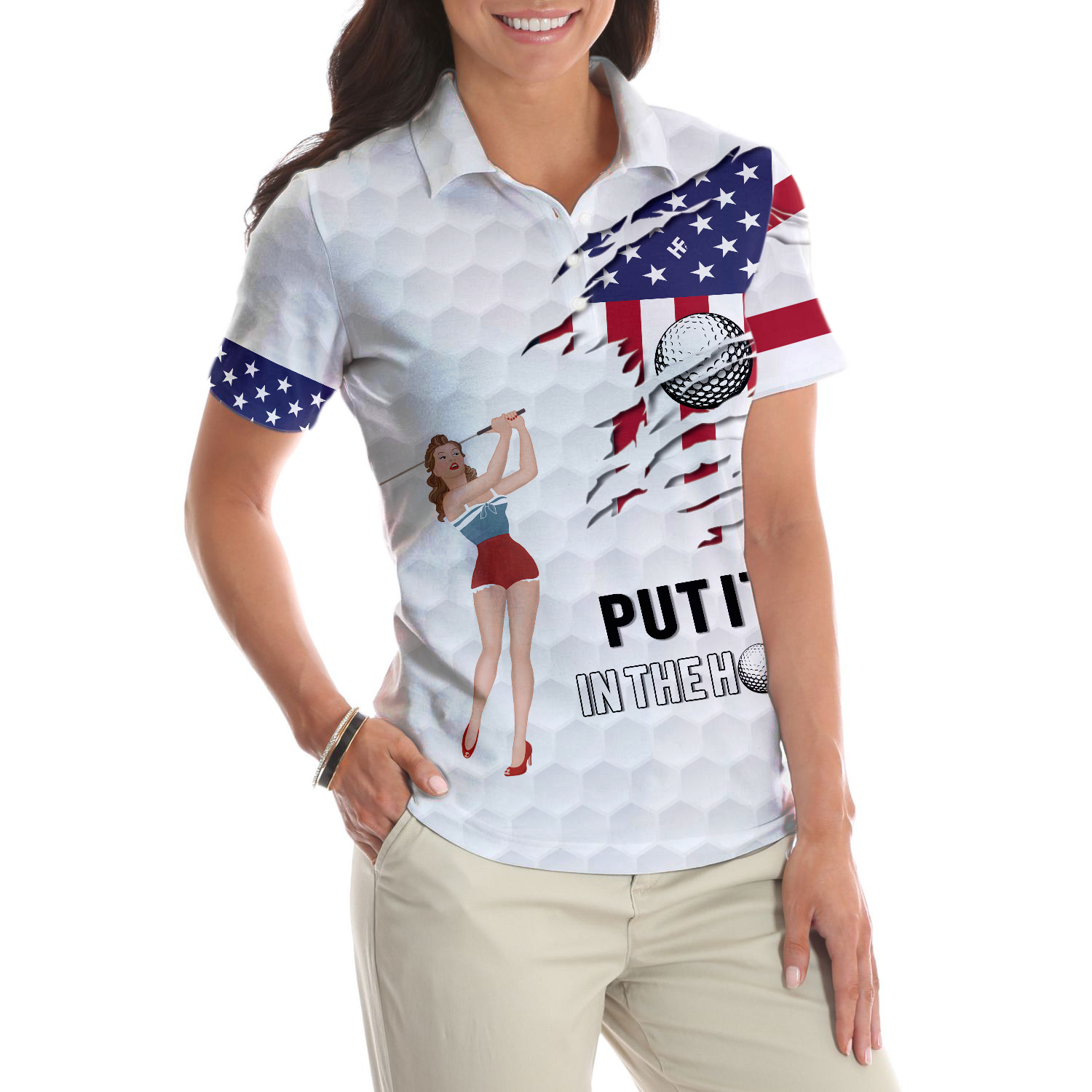 Golf American Flag Girl Short Sleeve Women Polo Shirt - 5