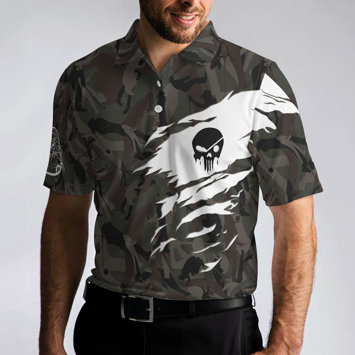 Never Underestimate An Old Man Camouflage Pattern Skull Polo Shirt Army Skeleton Golfer Polo Shirt Camo Golf Shirt For Men - 5