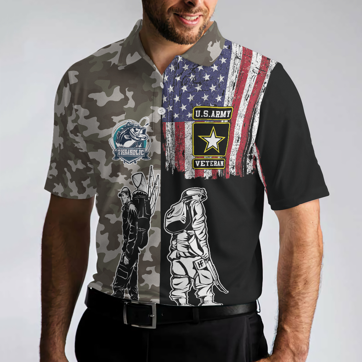 Veteran Fishing With American Flag Polo Shirt Camouflage Veteran Fisher Sketching Polo Shirt Patriotic Fishing Shirt For Men - 4