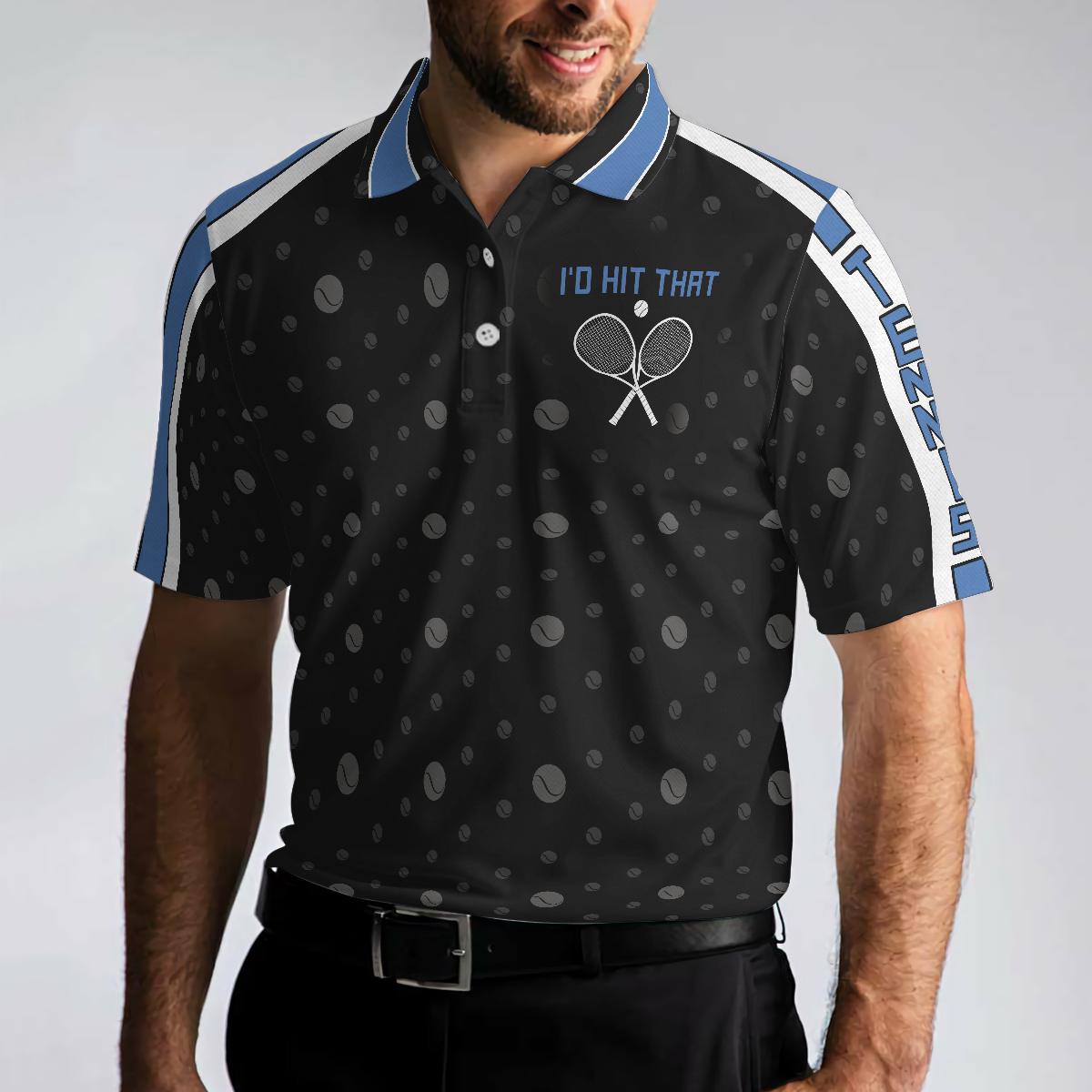 Tennis Blue Version Polo Shirt Black Dot And Tennis Ball Pattern Polo Shirt Best Tennis Shirt For Men - 5