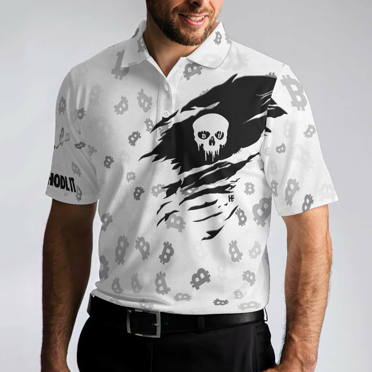 The Bitcoin Skull Polo Shirt Black And White Skull Cryptocurrency Shirt Bitcoin Short Sleeve Shirt Design - 5