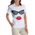 Sunglasses And Sexy Red Lips Golf Short Sleeve Women Polo Shirt Unique White Golf Shirt For Ladies - 4