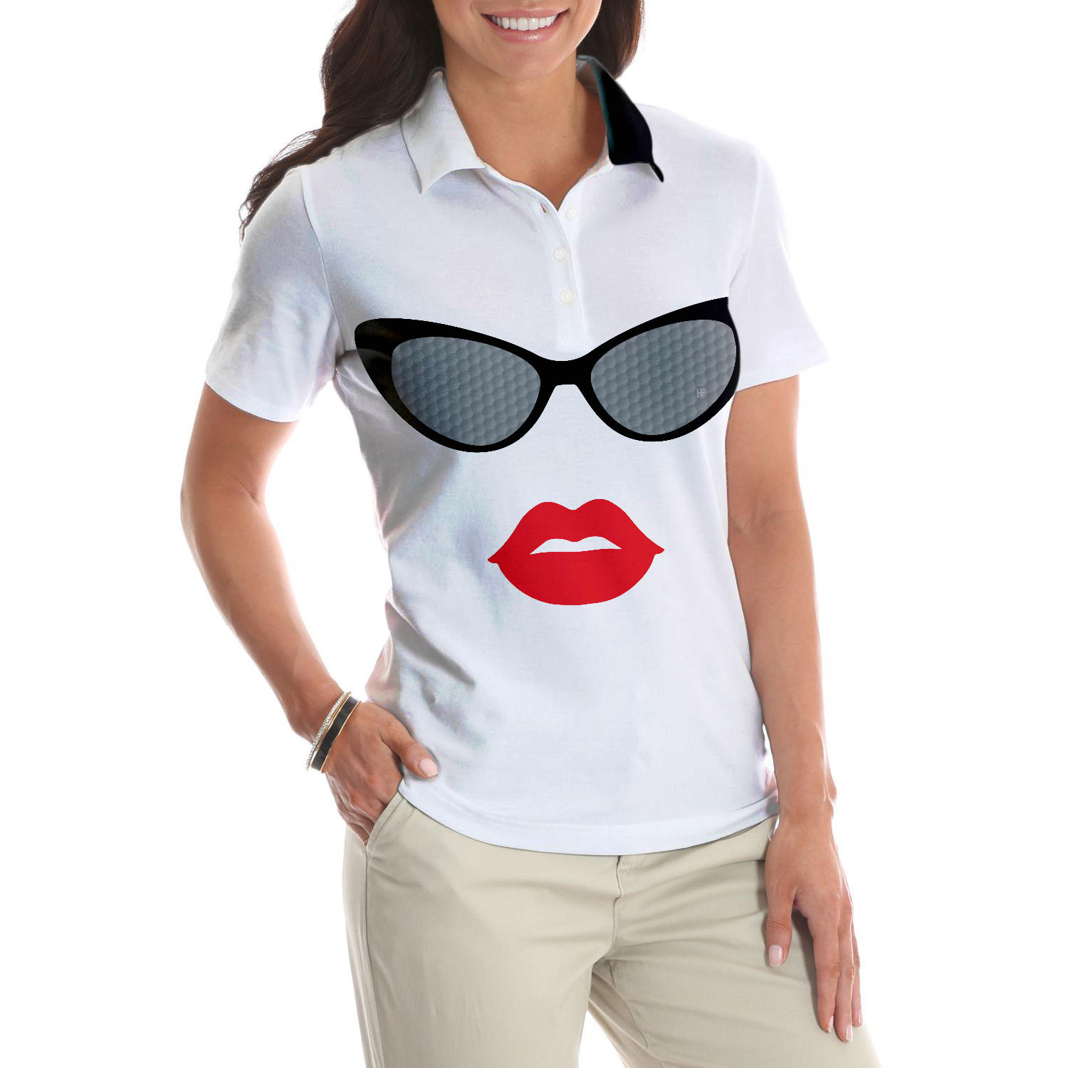 Sunglasses And Sexy Red Lips Golf Short Sleeve Women Polo Shirt Unique White Golf Shirt For Ladies - 4