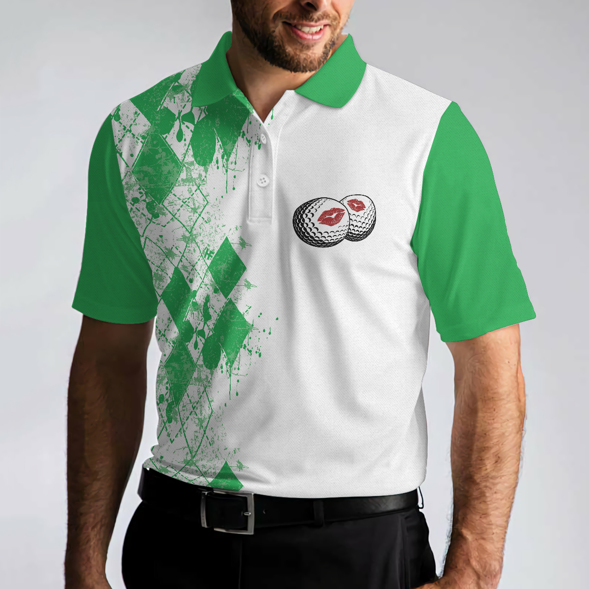 Golf Kiss My Balls Polo Shirt Green Argyle Pattern Golf Shirt Design Scary Halloween Golf Gift For Golfers - 5