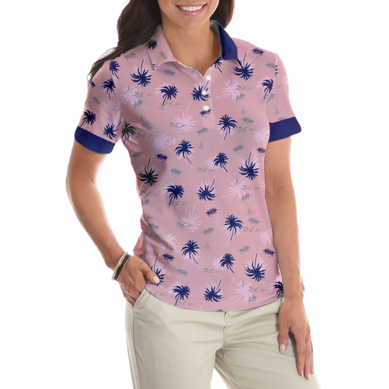 Tropical Palm Tree Pattern Shirt Short Sleeve Women Polo Shirt - 5