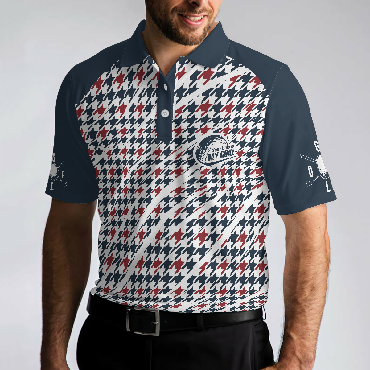 Trendy Red  Blue Houndstooth Pattern Golf Shirt Your Hole Is My Goal Polo Shirt Best Golf Shirt For Men - 5