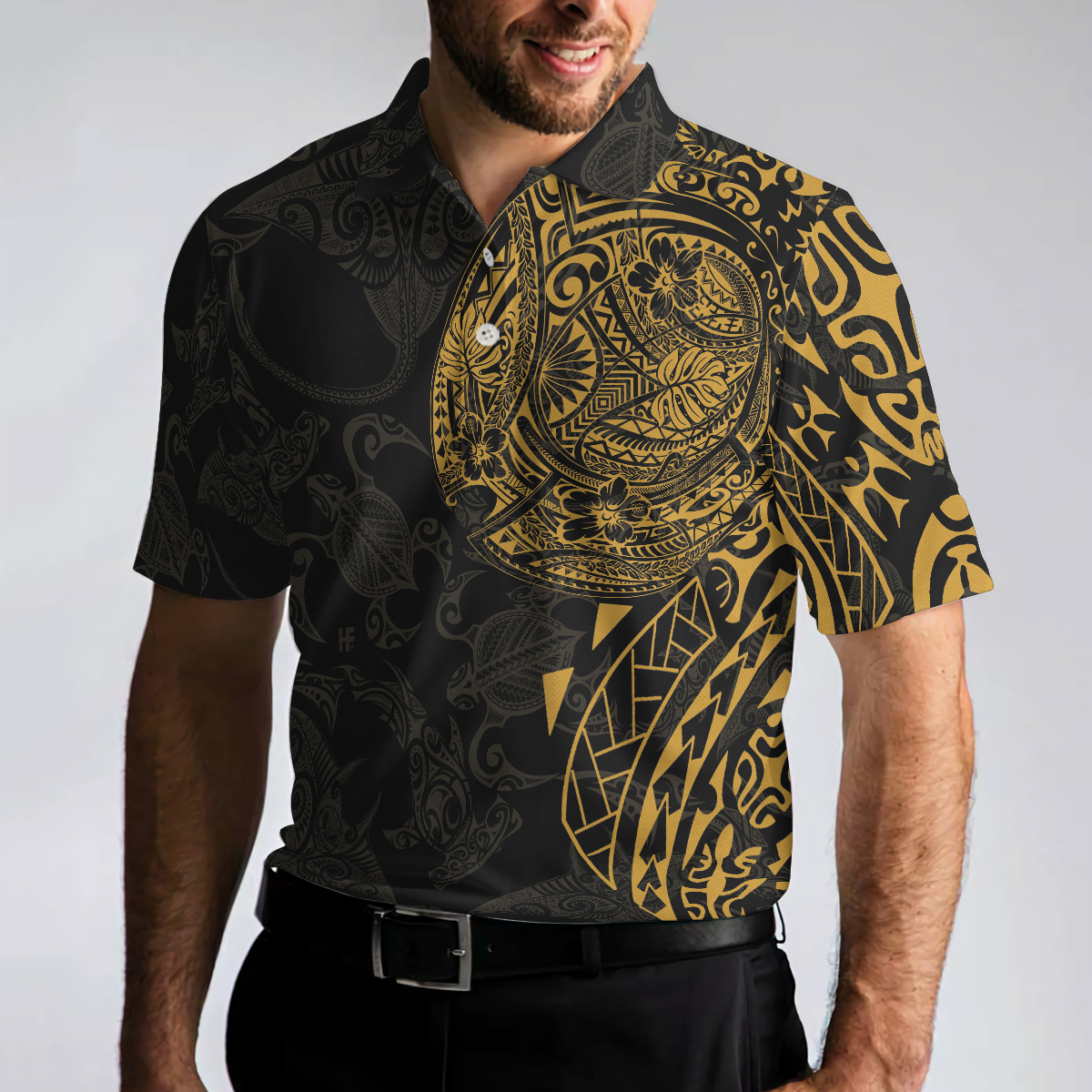 Strong And Cool Polynesian Pattern Polo Shirt Luxury Black And Gold Shirt For Men - 4