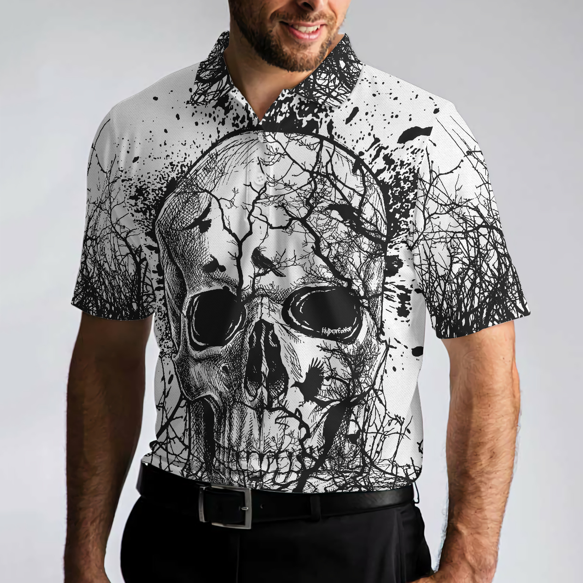 Skull Crow Black And White Short Sleeve Polo Shirt Dark Forrest Skull Crow Shirt For Men - 4