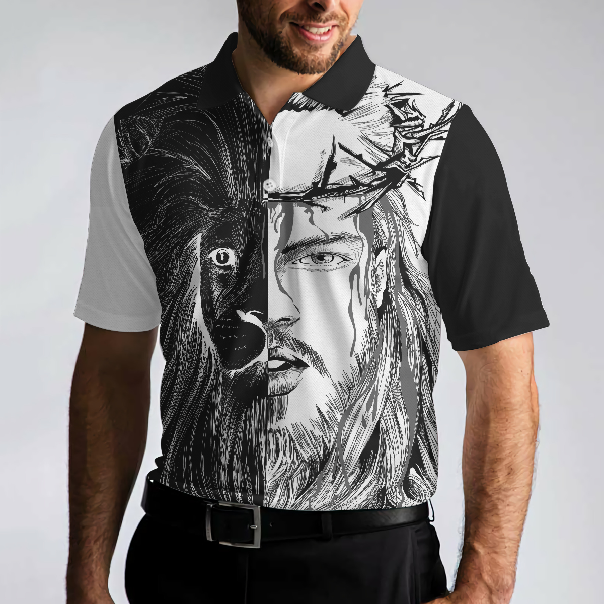 Jesus Christ Lion Contrast Art Christian Polo Shirt Black And White Christian Shirt For Men - 5