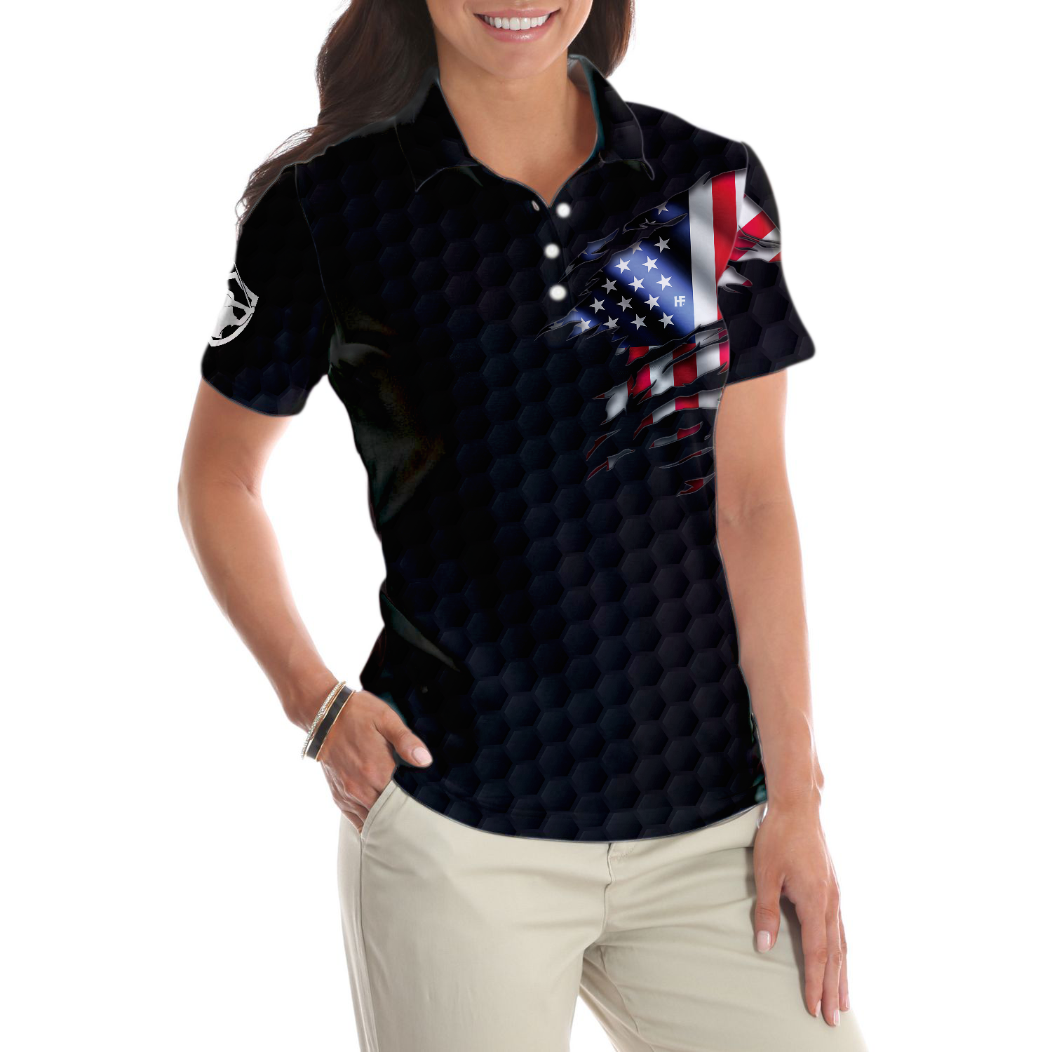 American Women Golfer Black Version Golf Short Sleeve Women Polo Shirt American Flag Ladies Golf Shirt - 5