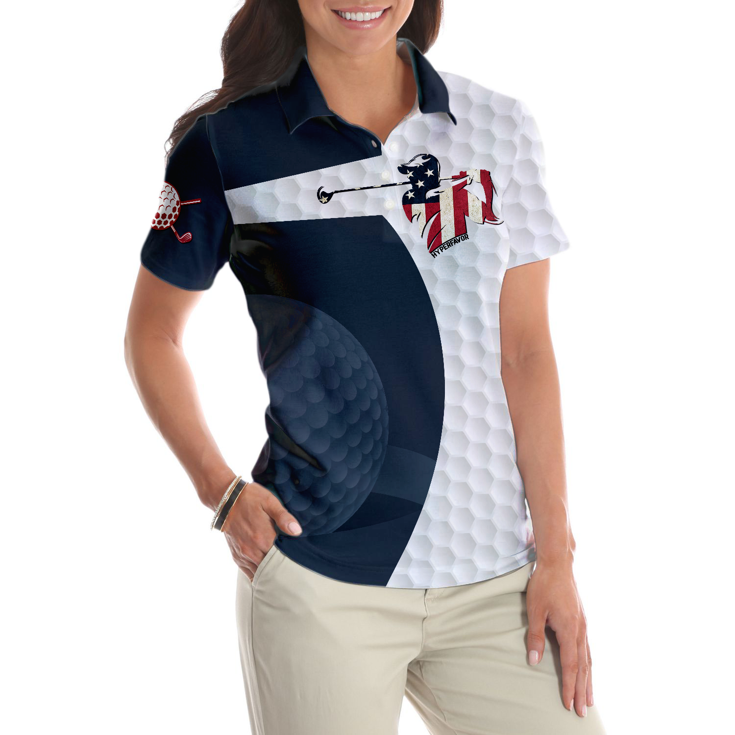 Golf Swing American Flag Golf Ball Texture Short Sleeve Women Polo Shirt - 5