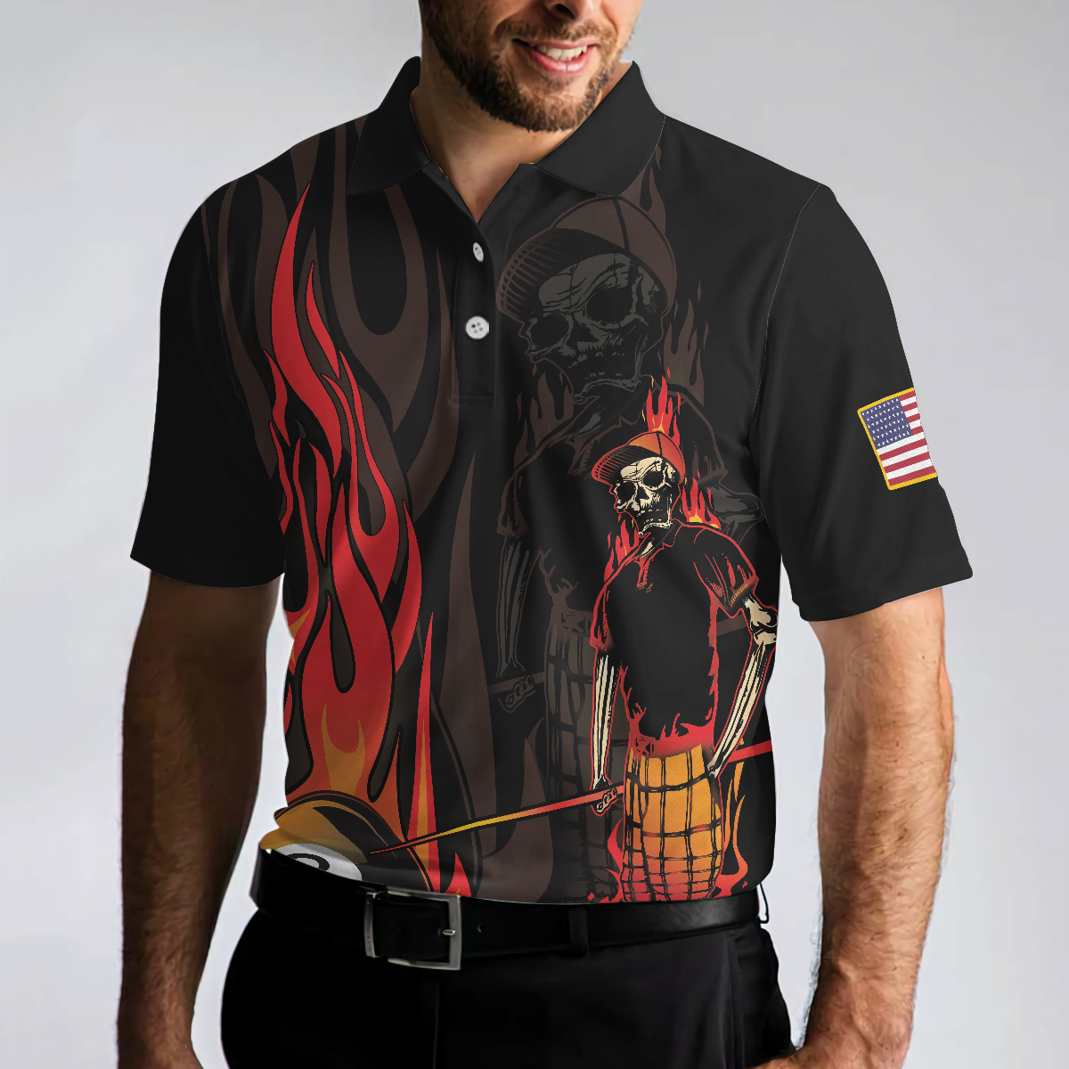 Mr Bones 8 Ball American Flag Billiards Skull Short Sleeve Polo Shirt Cool Skeleton Billiards Shirt For Men - 5