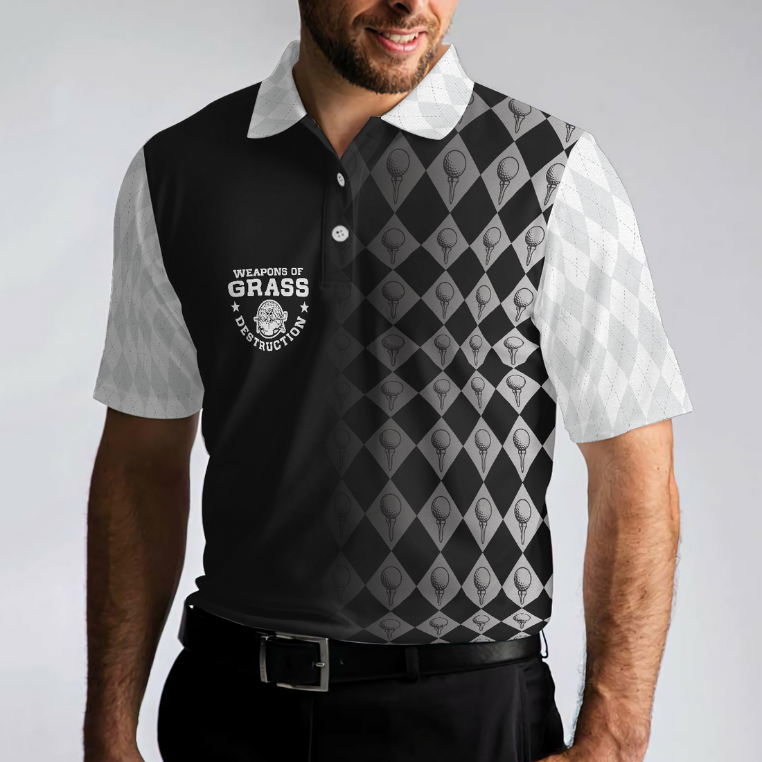 Golf Weapons Of Grass Destruction Short Sleeve Polo Shirt Black And White Golf Shirt For Men - 1