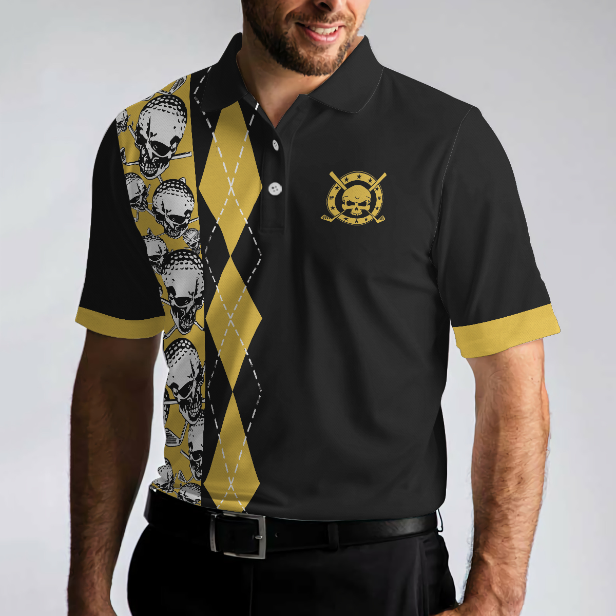 All Men Are Created Equal Then A Few Become A Golfer Polo Shirt Black And Yellow Skull Golf Shirt For Men - 4