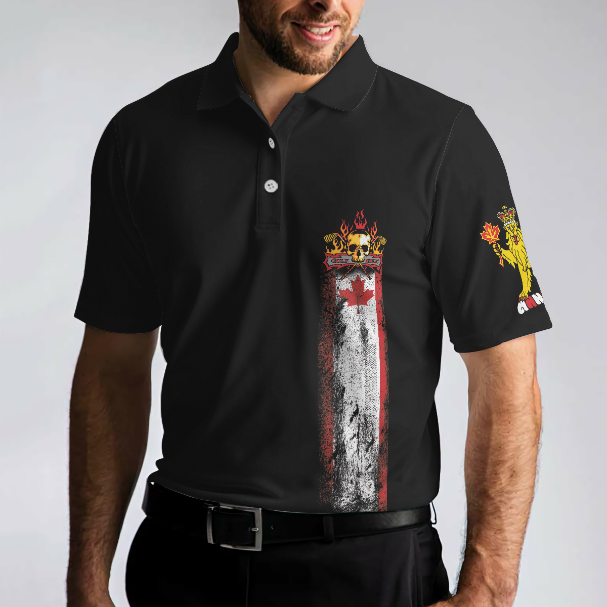 Golf Skull Canada Flag Short Sleeve Polo Shirt Black Wet Paint Skull Polo Shirt Canadian Golf Shirt For Men - 4