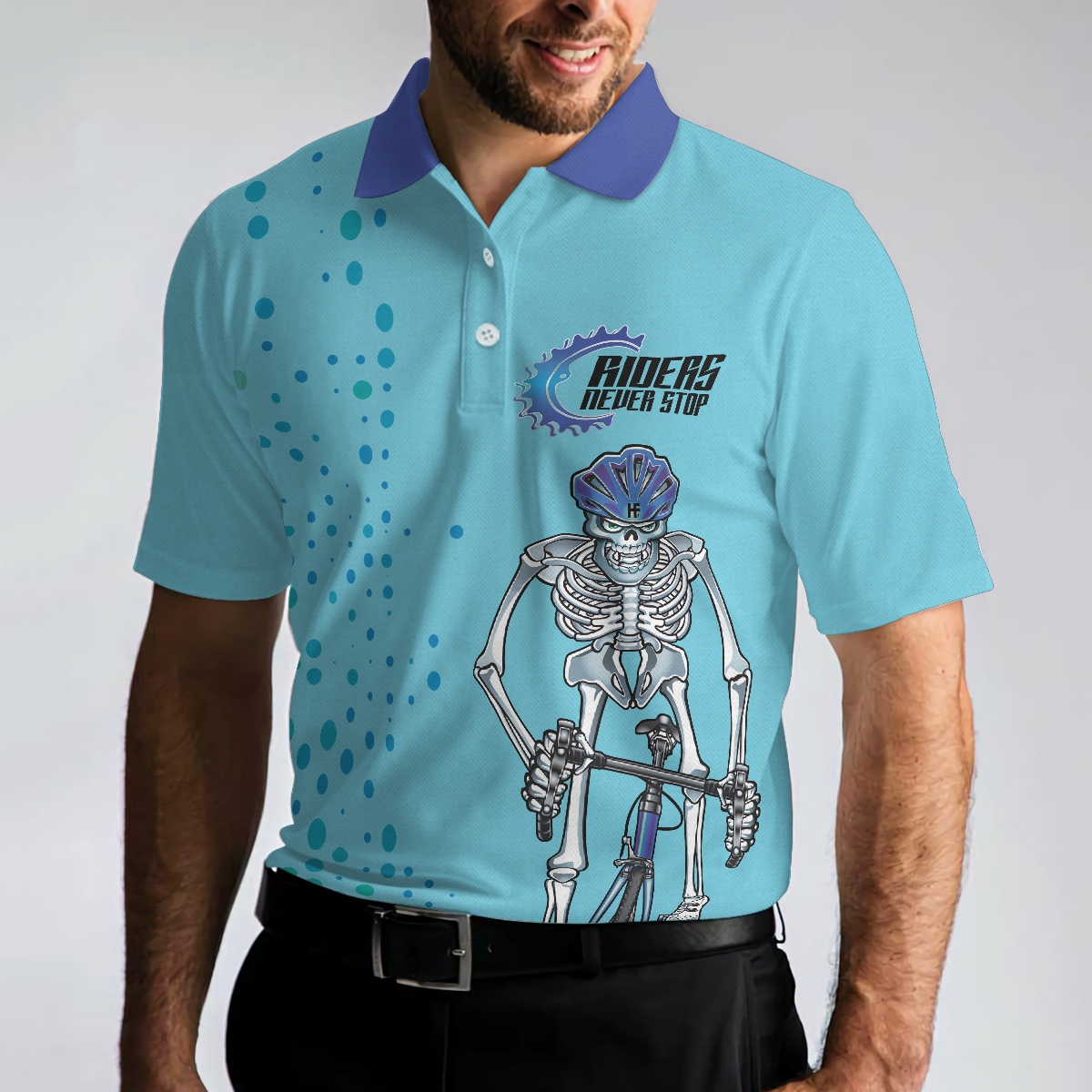 Riders Never Stop Skull Short Sleeve Polo Shirt Blue Skeleton Cyclist Polo Shirt Best Cycling Shirt For Men - 4