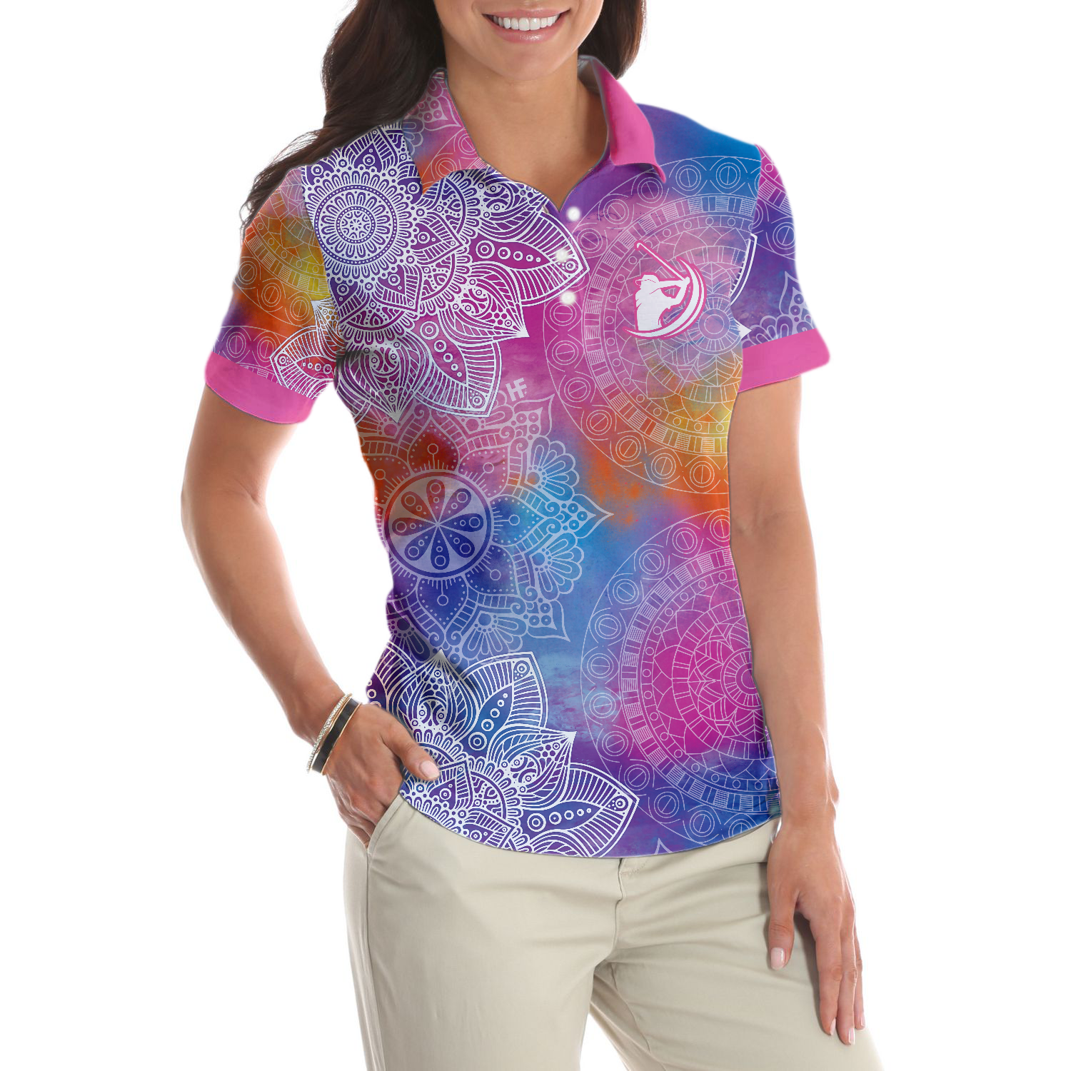 Pink Abstract Mandala Pattern Girl Golf Short Sleeve Women Polo Shirt Colorful Golf Shirt For Ladies - 4