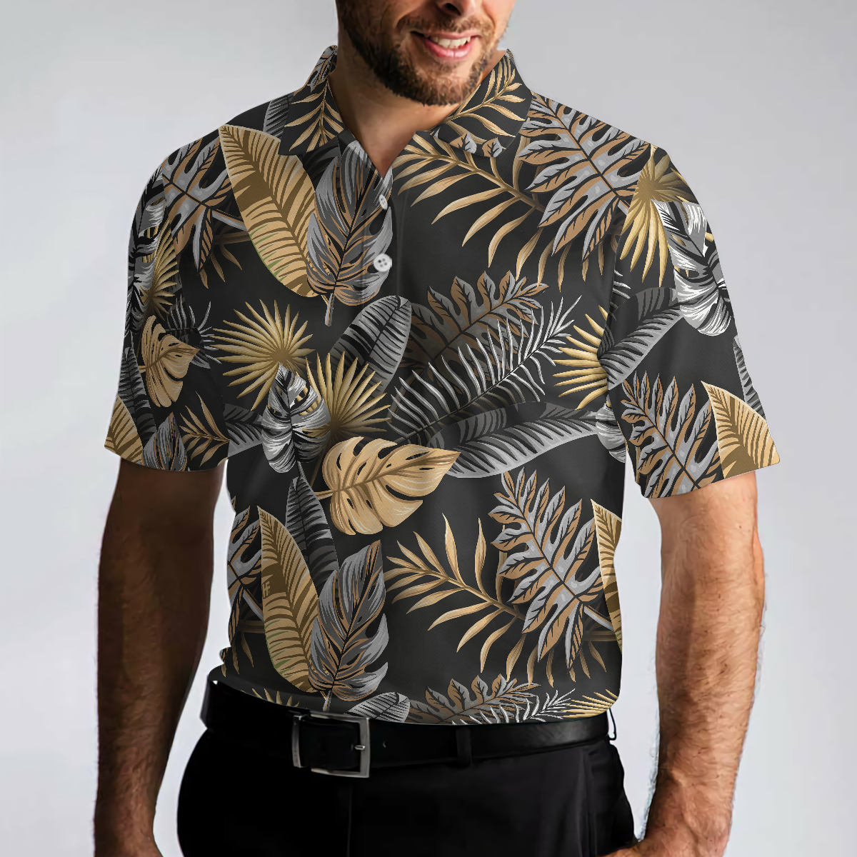 Seamless Luxury Tropical Pattern Golf Polo Shirt Black And Gold Best Floral Golf Shirt For Men - 5