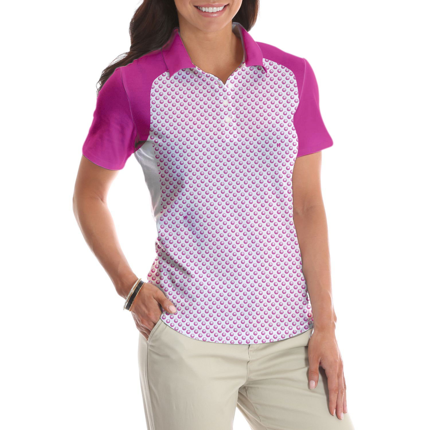 Pink Golf Balls Seamless Pattern Short Sleeve Women Polo Shirt - 4