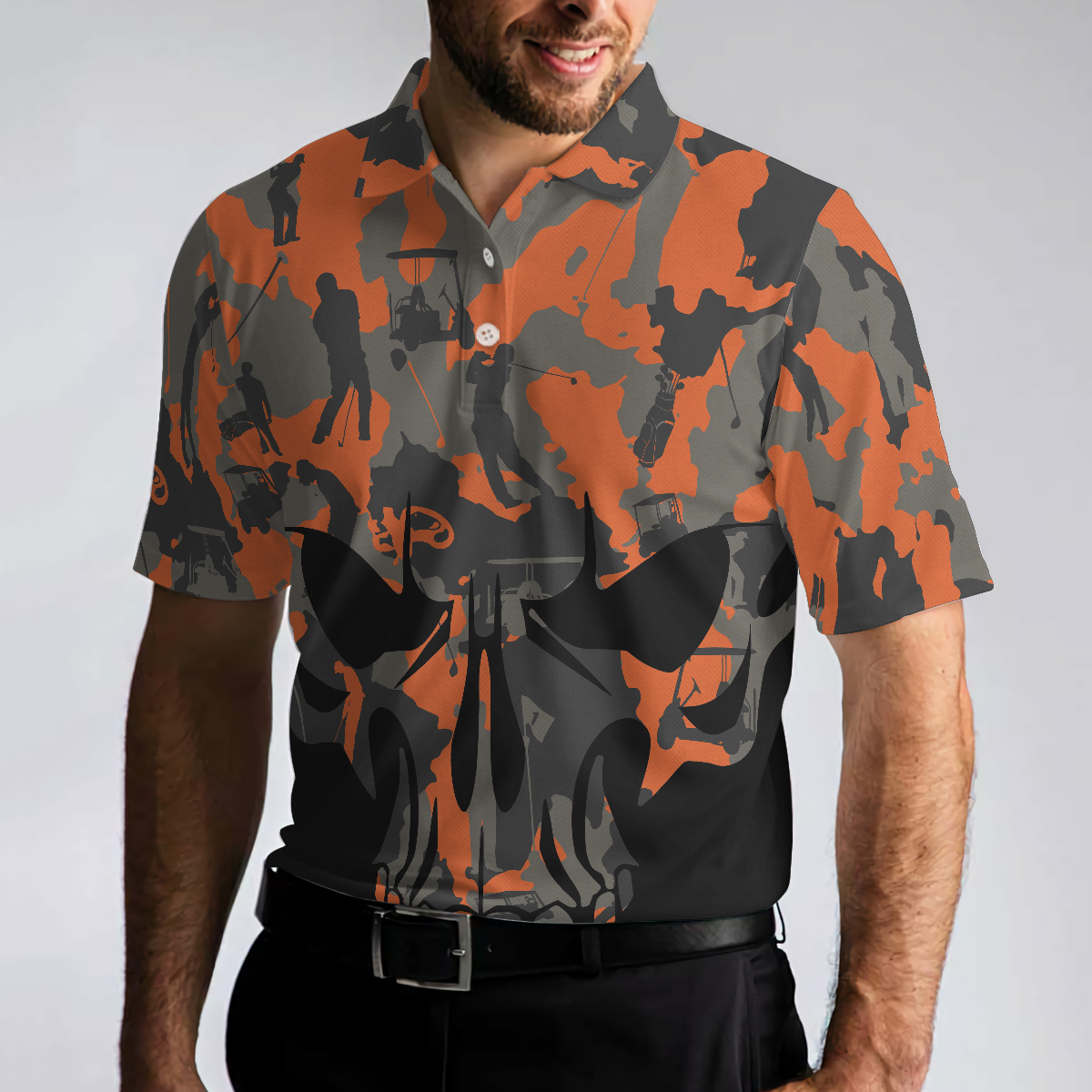 Orange Camouflage Golf Set Skull Golf Polo Shirt Golfer Silhouette Pattern Polo Shirt Camo Golf Shirt For Men - 5