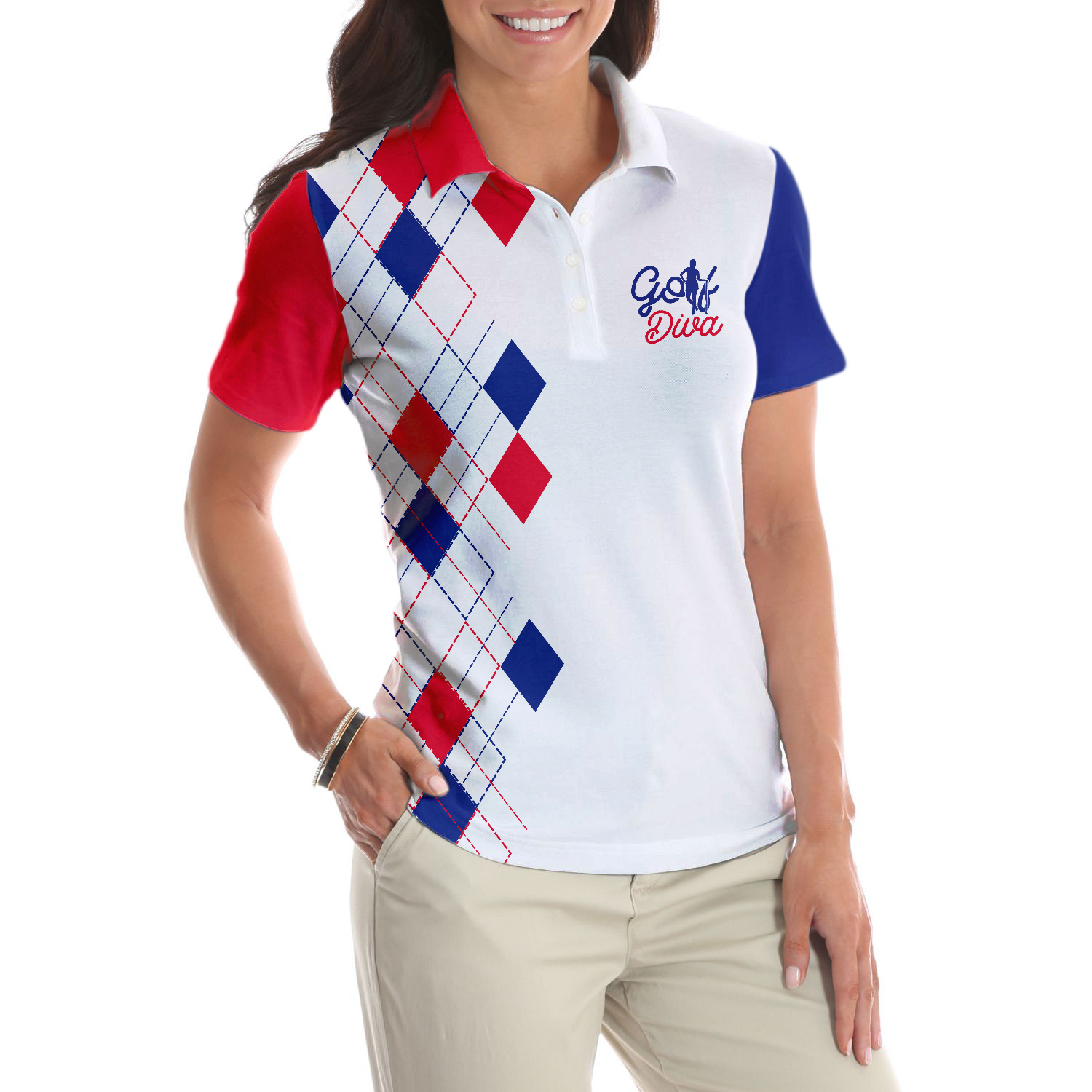 Golf Diva V2 Short Sleeve Women Polo Shirt Red And Blue Argyle Pattern Golf Shirt For Golf Ladies - 5